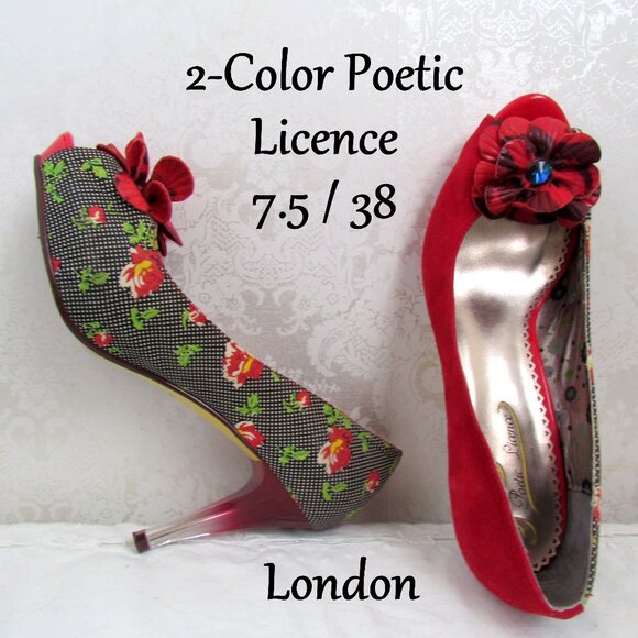 POETIC LICENCE 2-COLOR SHOES, 38, RED HALF & FLOWERED HALF w SEE-THRU HEELS, EUC - Picture 1 of 13